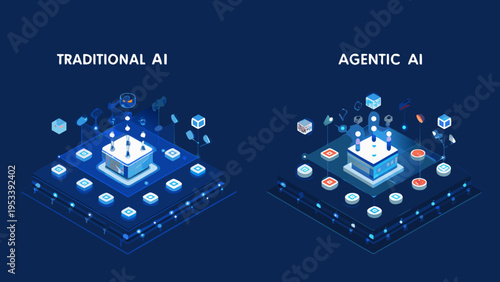 Comparing traditional and agentic ai concepts with isometric illustrations