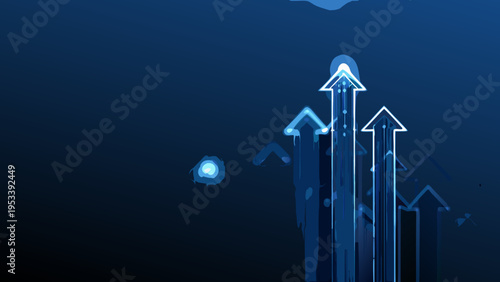 Abstract blue background with glowing arrows pointing upwards and forward