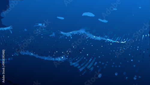 Abstract underwater scene with coral reefs and marine life silhouettes