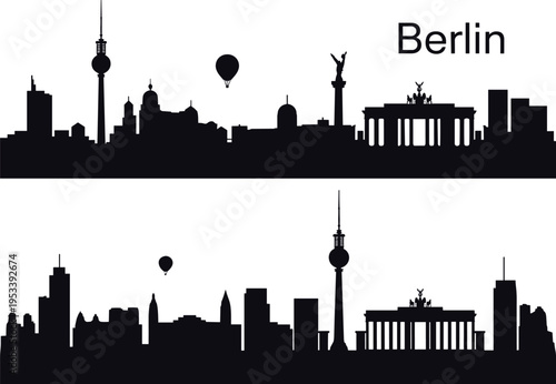 Two different black silhouette versions of Berlin city skyline featuring Brandenburg Gate TV Tower and hot air balloons isolated on a white background