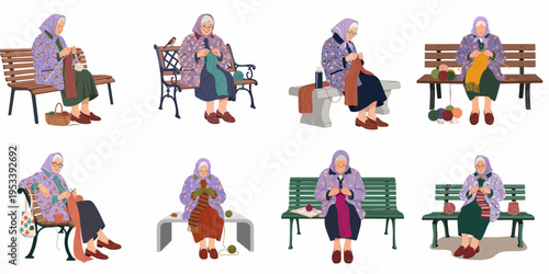 Vector illustration set of an elderly woman knitting while sitting on various park benches, featuring different poses and yarn colors.