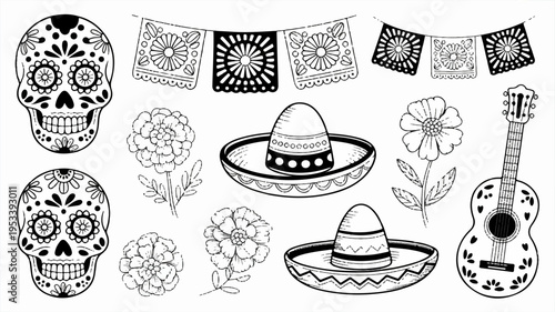 Black and white vector illustrations of sugar skulls sombreros flowers guitar and papel picado for day of the dead decoration and design