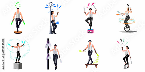 Flat vector illustrations of male and female circus jugglers performing various tricks with colorful clubs and balance acts, isolated on white background.