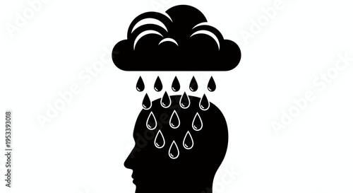 Mental storm: raincloud over head symbolizing distress and stormy thoughts in silhouette.