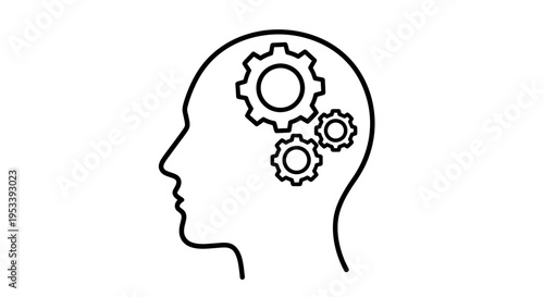 Conceptual illustration of thinking mind with gears inside head representing cognitive process.