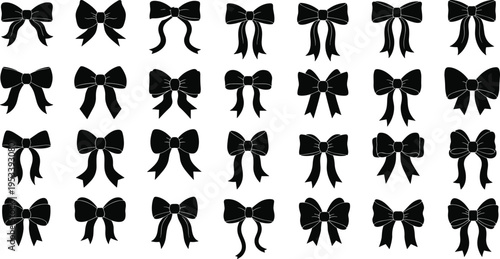 Large collection of black ribbon bow vector silhouettes in various styles and shapes for gift wrapping, wedding invitations, fashion designs, and festive holiday decorations.