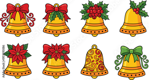 Golden Christmas bell collection with red ribbons and holly berries isolated on white background for festive holiday greeting cards and winter season decorations.