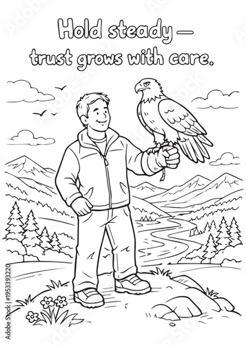 coloring book Hold steady — a handler stands on a rocky ridge with an eagle on his gloved arm and mountains behind
