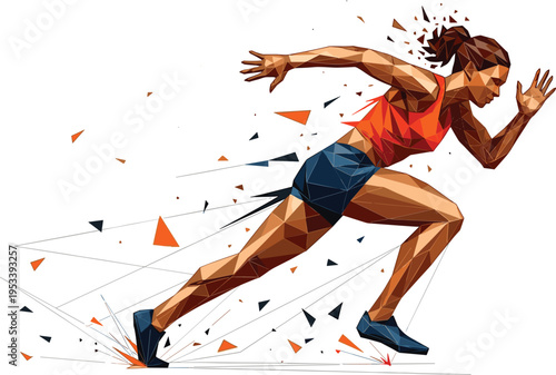 Low Poly Geometric Illustration of Female Runner Sprinting with Explosive Motion Particles Isolated on White Background for Sports and Athletic Training Design