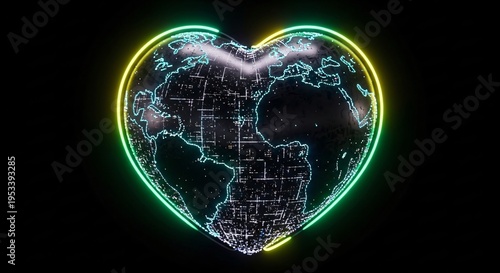 Digital heart-shaped globe with a vibrant neon outline, symbolizing global connection, environmental consciousness, and sustainable technology. Ideal for Earth Day, international communication,