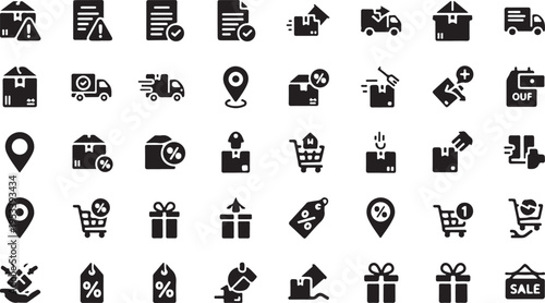 A comprehensive collection of black and white vector icons for e-commerce and logistics services