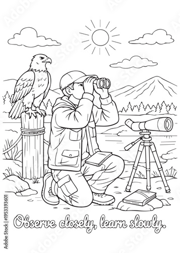 coloring book Observe closely — a watcher scans the landscape with binoculars while an eagle perches close by