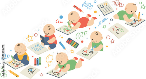 Cute Baby Drawing and Coloring Activities Collection with Newborn Infants Creating Art with Crayons and Paper Cartoon Vector Illustration Style.