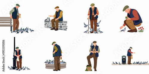 Set of illustrations of an elderly man feeding and caring for pigeons in various poses, isolated on a white background.