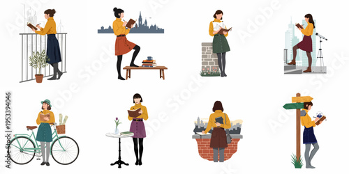 A collection of creative illustrations depicting a young woman sketching and journaling in various cityscapes, gardens, and outdoor travel settings.