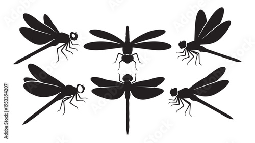 Set of 5 black dragonfly icons vector