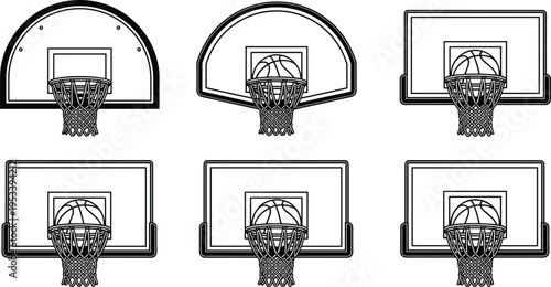 Basketball backboard illustration featuring six hoop designs with nets, including fan-shaped, rounded rectangular, and padded rectangular styles for sports education, recreation, and professio