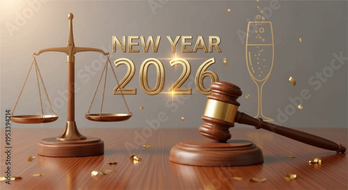 New year 2026 law and order concept with gavel and balance scale on wooden desk with gold confetti