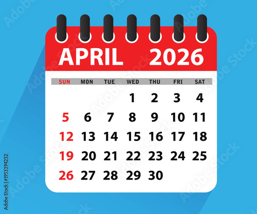 April 2026 Calendar Leaf. Calendar 2026 in flat style. April 2026 Calendar. Week starts on Sunday. Blank Calendar Template. Stationery Design. Vector Illustration