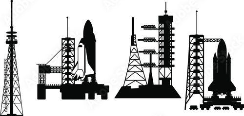space, rocket, launch, shuttle, silhouette, spacecraft, aerospace, technology, exploration, mission, tower, industry, engineering, vehicle, science, transport, vector, illustration, isolated, design
