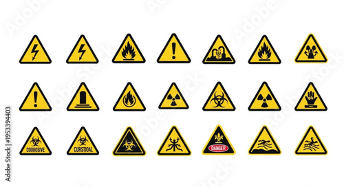Collection of Yellow Warning Hazard Symbols and Signs.