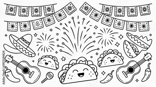 Monochrome cartoon clipart of festive tacos sombrero guitars and piata with papel picado banner perfect for mexican themed party decorations and coloring pages