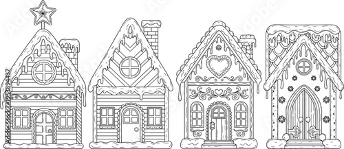 Festive gingerbread houses with intricate icing decorations, holiday candy patterns, and whimsical Christmas designs perfect for seasonal celebration, winter art, and festive stock photography.