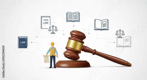 Justice system concept with gavel and miniature person holding briefcase surrounded by legal documents and law symbols