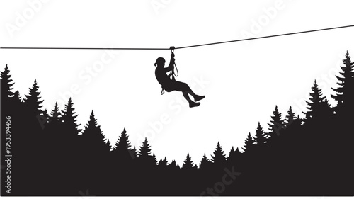 Vector silhouette of person ziplining through forest