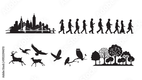 Set of 36 silhouette icons vector - city, people, animals, trees