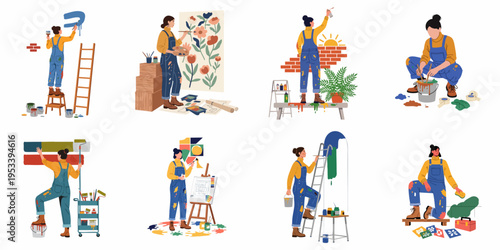 Collection of flat vector illustrations depicting women painters and decorators engaged in various creative art, mural painting, and home improvement projects.
