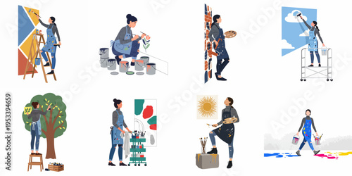 Set of illustrations depicting a young female artist painting murals, canvases, and creative designs in various settings and poses