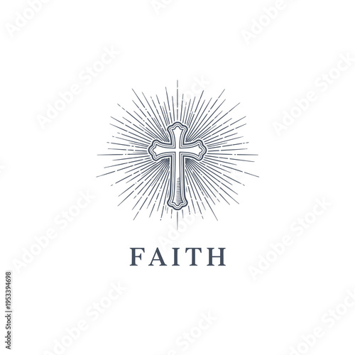 Faithful Christian Cross with Sunburst Rays Vintage Illustration
