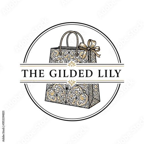 Gilded Lily Logo Design with Ornate Shopping Bag and Golden Ribbon