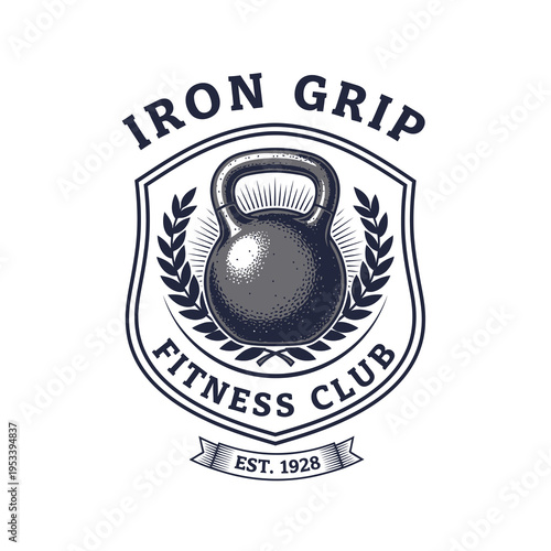 Kettlebell Fitness Club Logo with Vintage Iron Grip Design and Laurel Wreath