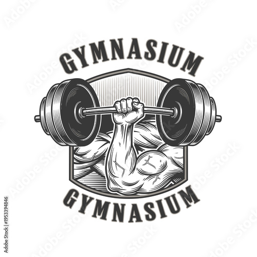 Gymnasium Logo with Strong Muscular Arm Holding Barbell Illustration