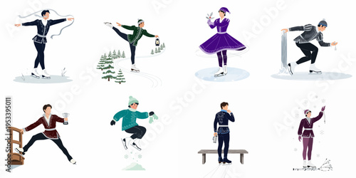 Collection of male figure skaters in elegant traditional costumes performing various artistic poses and winter activities on a white background.