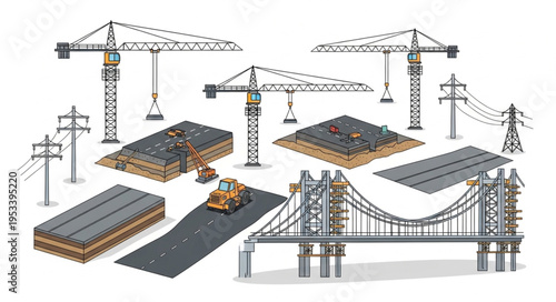 Construction site with cranes and bridge building elements.