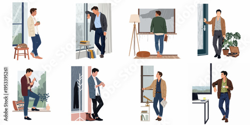 Collection of flat illustrations showing men in cozy indoor settings looking out at rainy weather, featuring domestic scenes and contemplative moods.