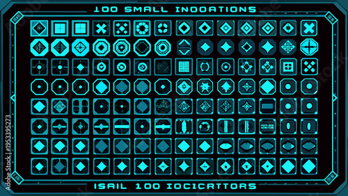 A grid of one hundred glowing cyan geometric shapes and icons