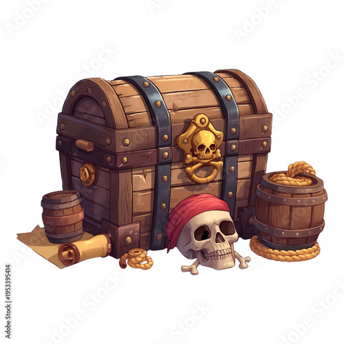 Classic Wooden Chest Containing Hidden Treasure on White Background