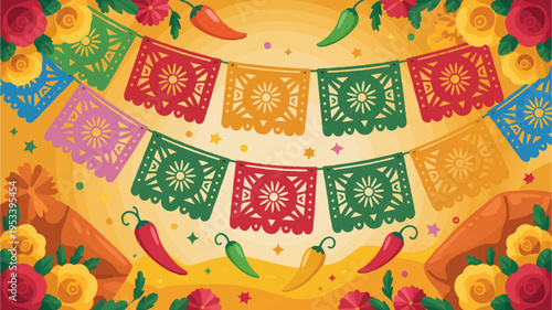 Vibrant cinco de mayo festive banner with colorful papel picado flowers chili peppers on yellow background