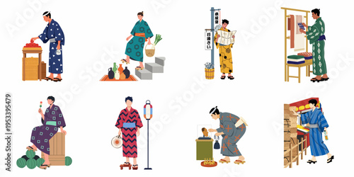 Set of Eight Illustrations Showing Men in Traditional Japanese Kimono and Yukata Shopping and Exploring a Historic Marketplace