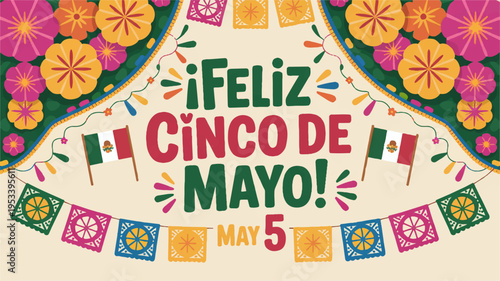 Vibrant cinco de mayo celebration banner with flowers and flags