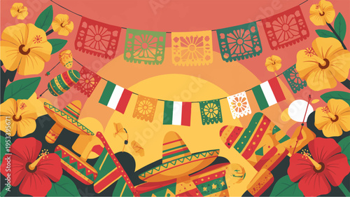 Vibrant mexican fiesta scene with colorful flags flowers and traditional textiles celebratory atmosphere