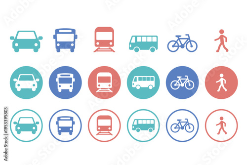 ブルーとピンクの交通アイコンセット 車・バス・電車・自転車・歩行者のフラットデザインベクター