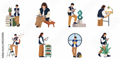 Collection of flat vector illustrations depicting college students engaged in various learning and creative activities using digital tablets and traditional tools.