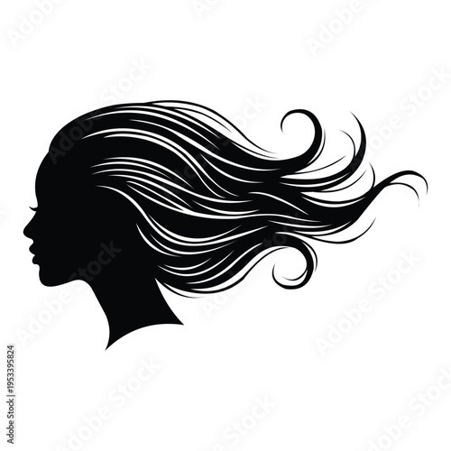 Black silhouette of a womans head with flowing hair