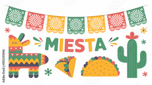 Vibrant mexican fiesta banner illustration with colorful donkey tacos cactus and papel picado perfect for party decoration and celebration
