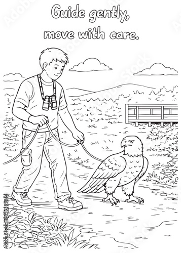 coloring book Guide gently — a handler leads an eagle on a tether across an open field